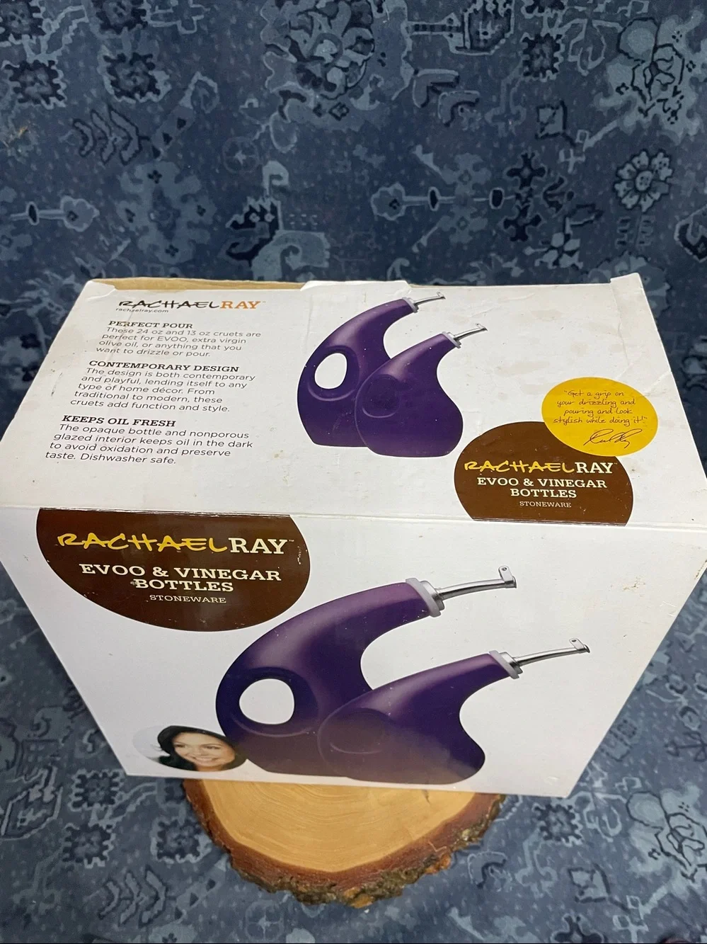 Rachael Ray Stoneware Evoo Oil & Vinegar Bottle EggPlant Purple 2-Piece Set NIB